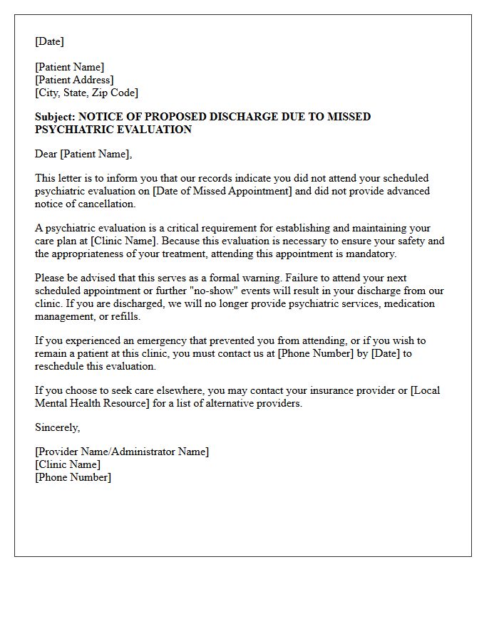 Clinic Discharge Warning Letter for Psychiatric Evaluation No-Show
