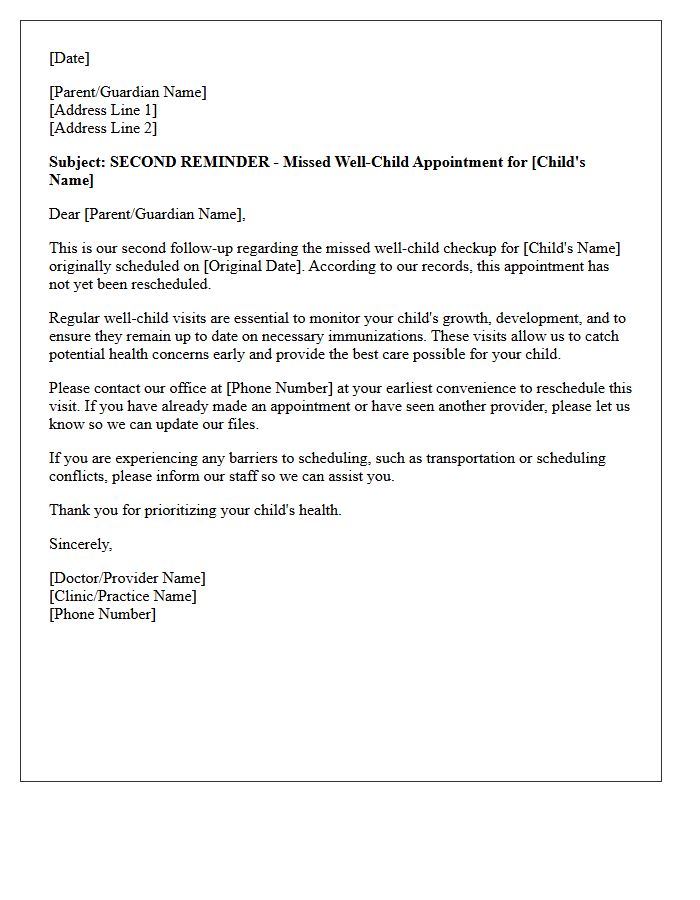 Second Reminder Missed Well-Child Appointment Letter