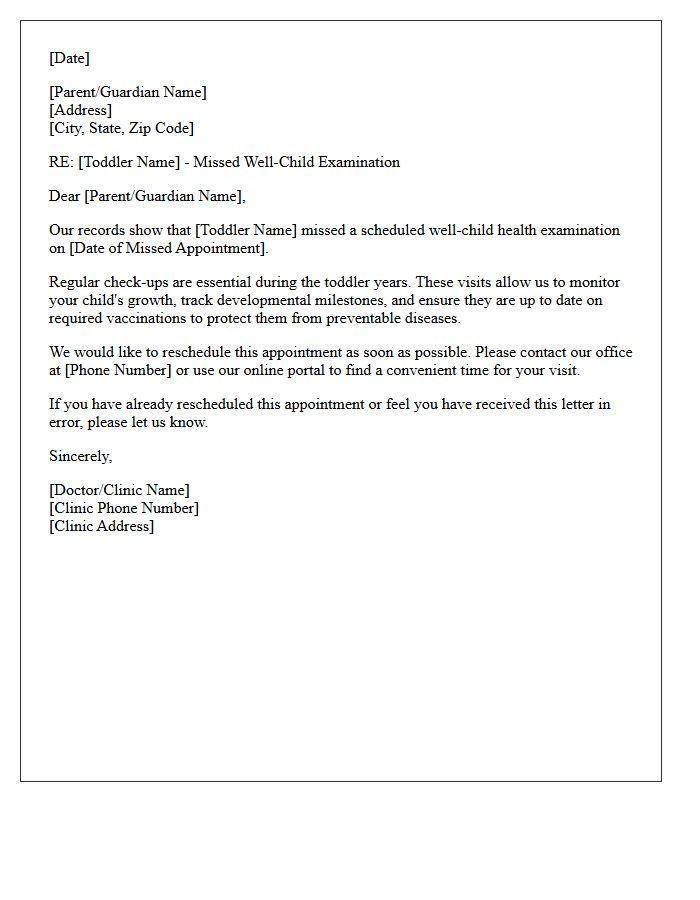 Missed Toddler Well-Child Health Examination Letter
