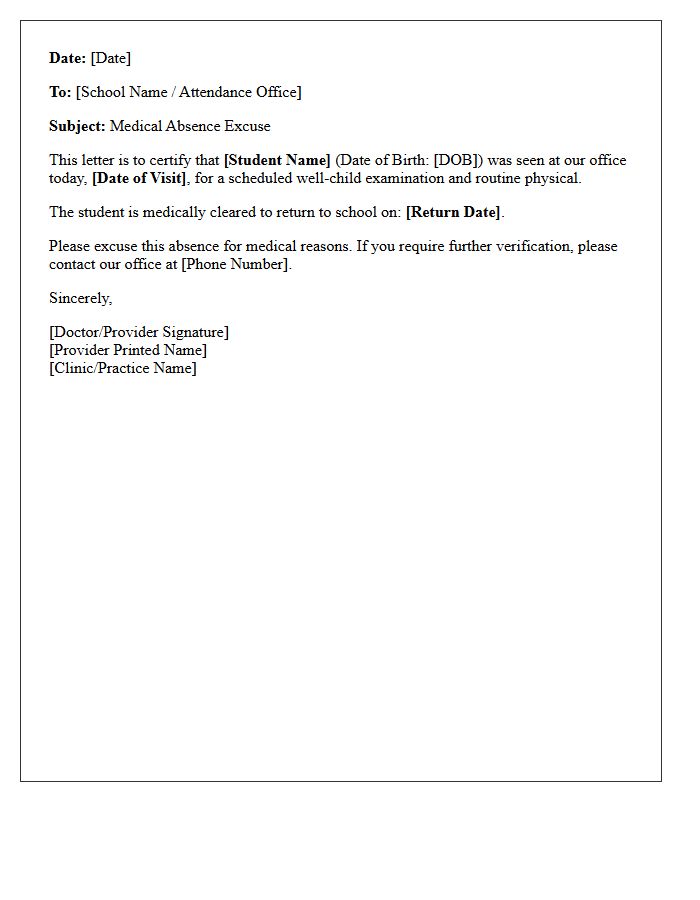 School-Aged Well-Child Check Absence Letter