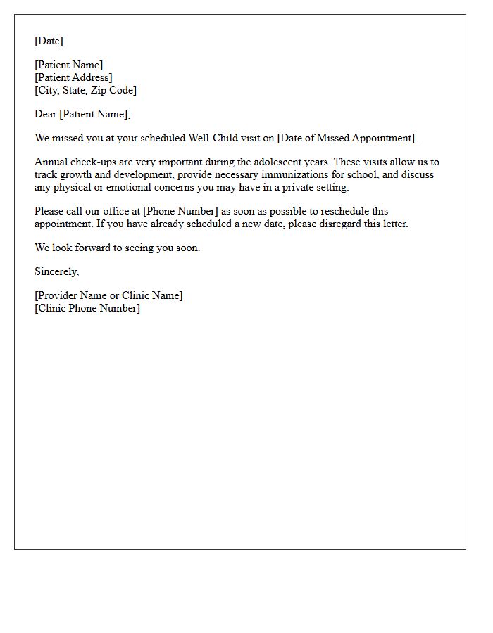 Adolescent Missed Well-Child Clinic Appointment Letter