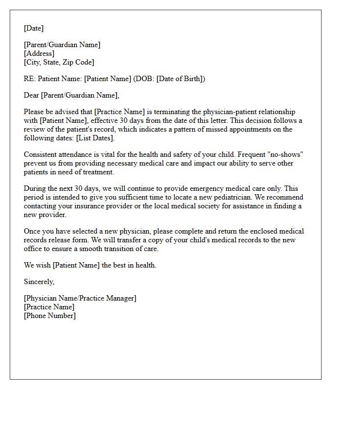 Pediatric Practice Dismissal for Missed Appointments Letter