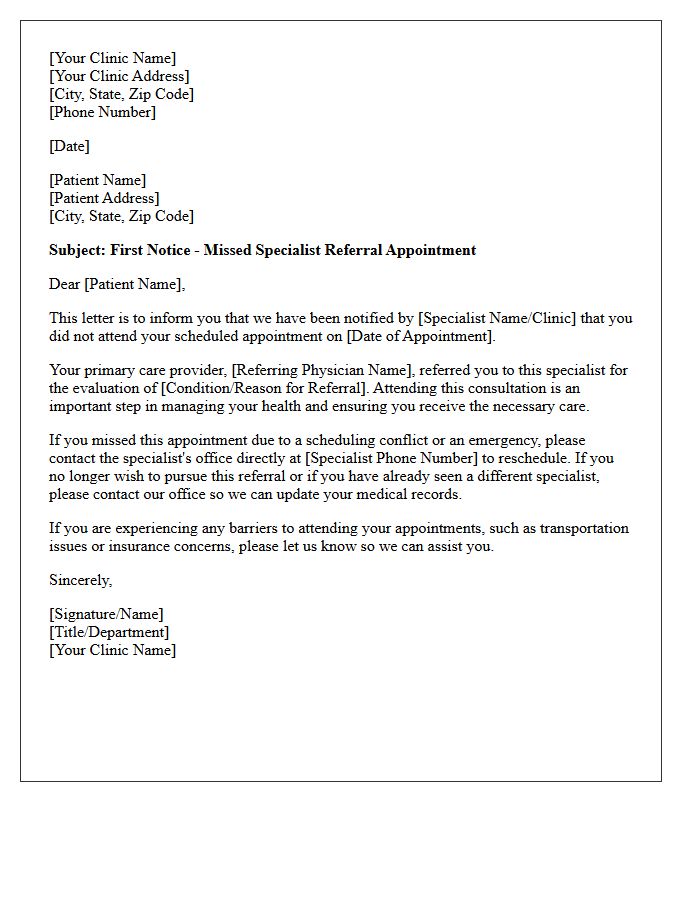 First Notice of Missed Specialist Referral Appointment Letter