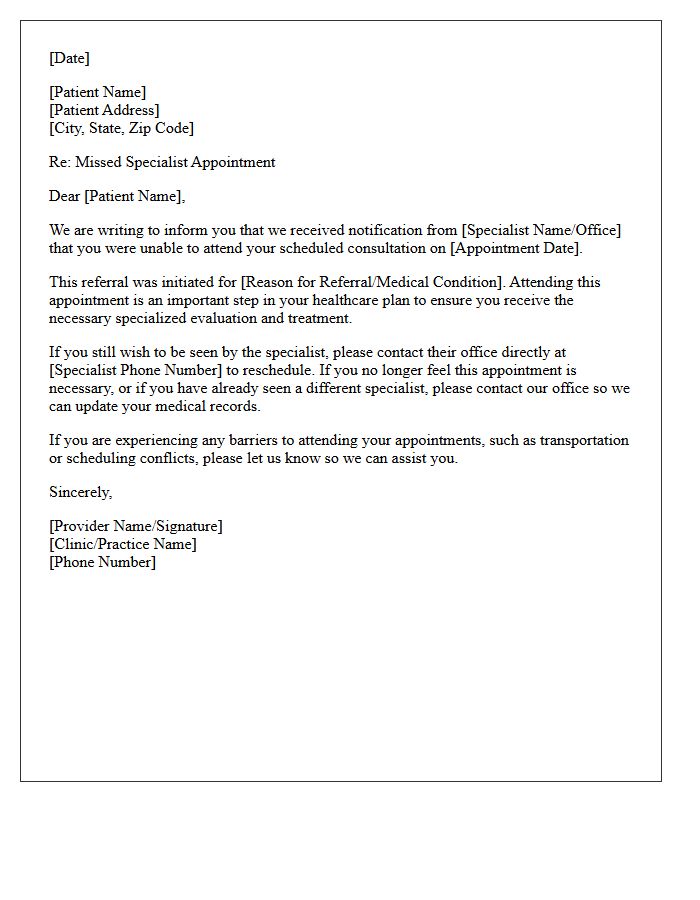 Specialist Referral No-Show Notification Letter