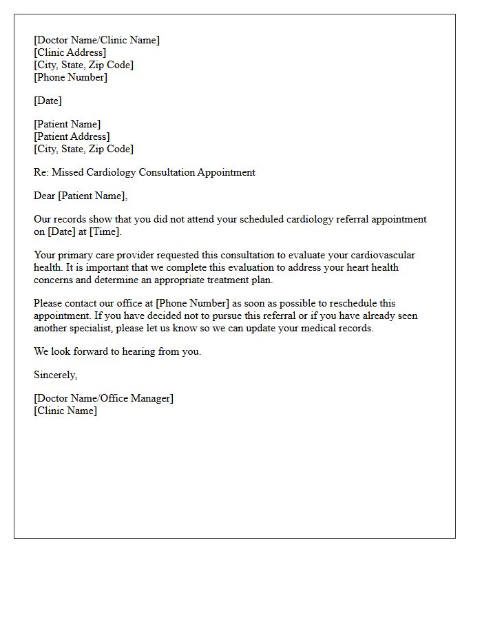 Cardiology Specialist Referral Missed Appointment Letter