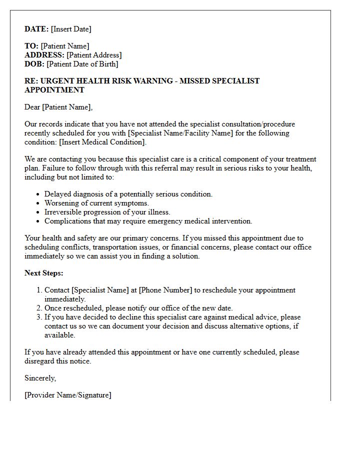 Patient Health Risk Warning Letter for Missed Specialist Care