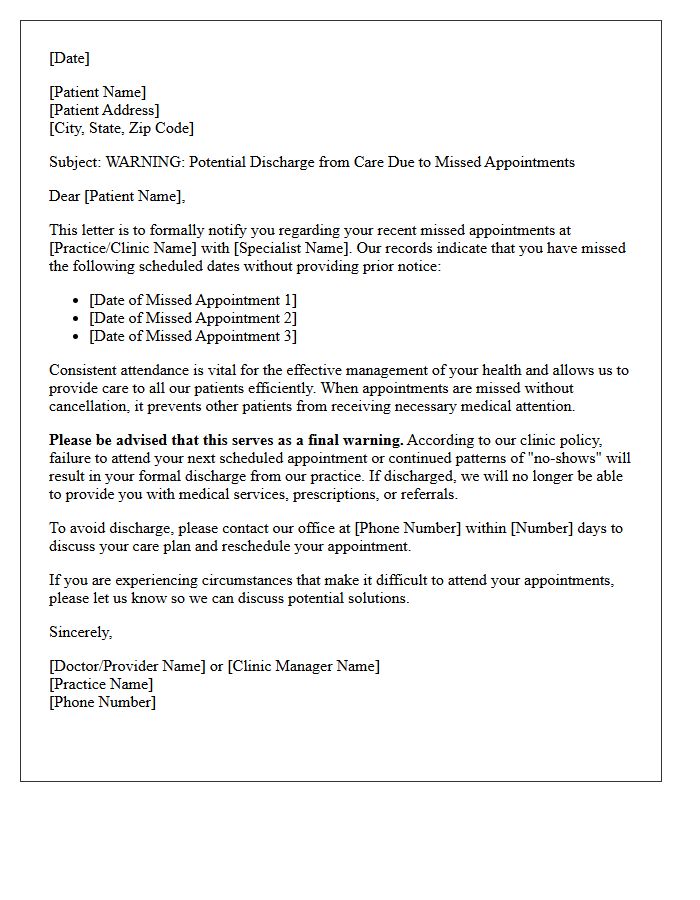 Discharge Warning Letter Due to Missed Specialist Appointments