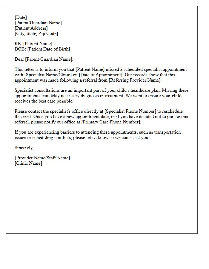 Pediatric Specialist Referral Missed Appointment Letter