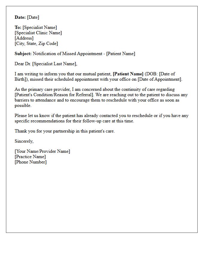 Continuity of Care Letter for Missed Specialist Appointment