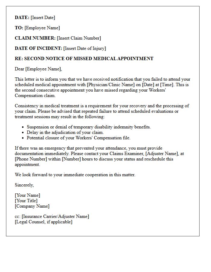 Second Workers Compensation Appointment No-Show Notification Letter