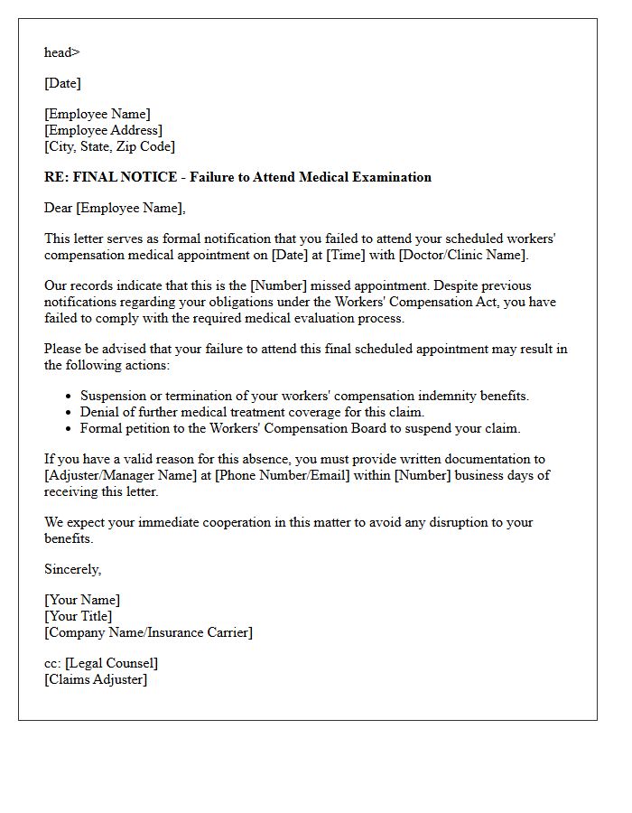 Final Workers Compensation Appointment No-Show Notification Letter