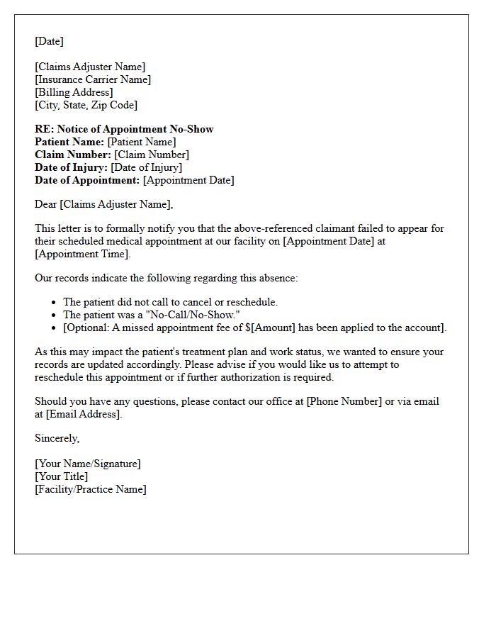 Claims Adjuster Notification Letter for Workers Compensation Appointment No-Show
