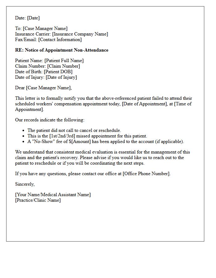 Case Manager Notification Letter for Workers Compensation Appointment No-Show