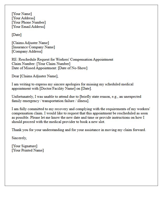 Reschedule Request Letter for Workers Compensation Appointment No-Show