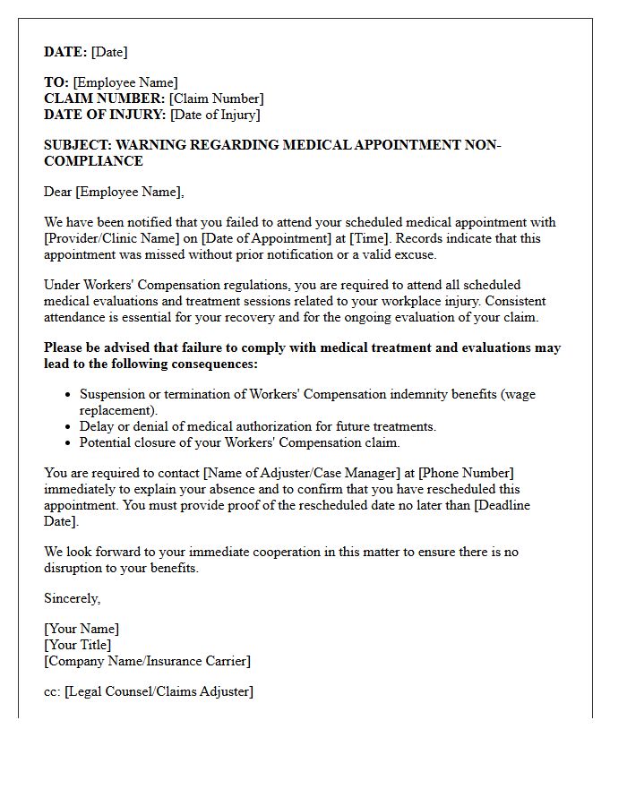 Medical Non-Compliance Warning Letter for Workers Compensation Appointment No-Show