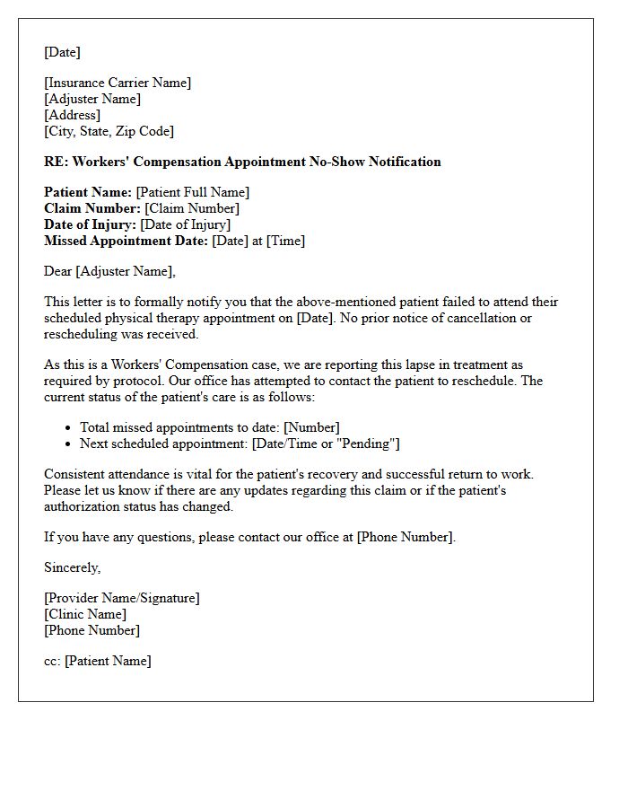 Physical Therapy Workers Compensation Appointment No-Show Notification Letter