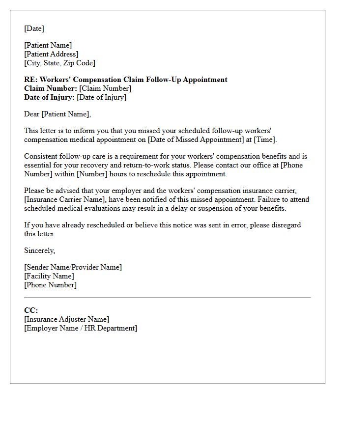 Follow-Up Care Workers Compensation Appointment No-Show Notification Letter