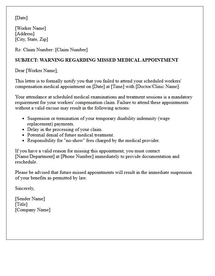 Benefit Risk Warning Letter for Workers Compensation Appointment No-Show