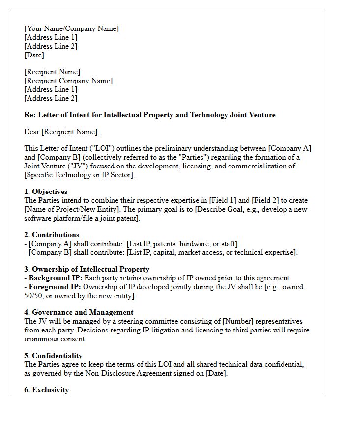 Letter of Intent for Intellectual Property and Technology Law Joint Venture