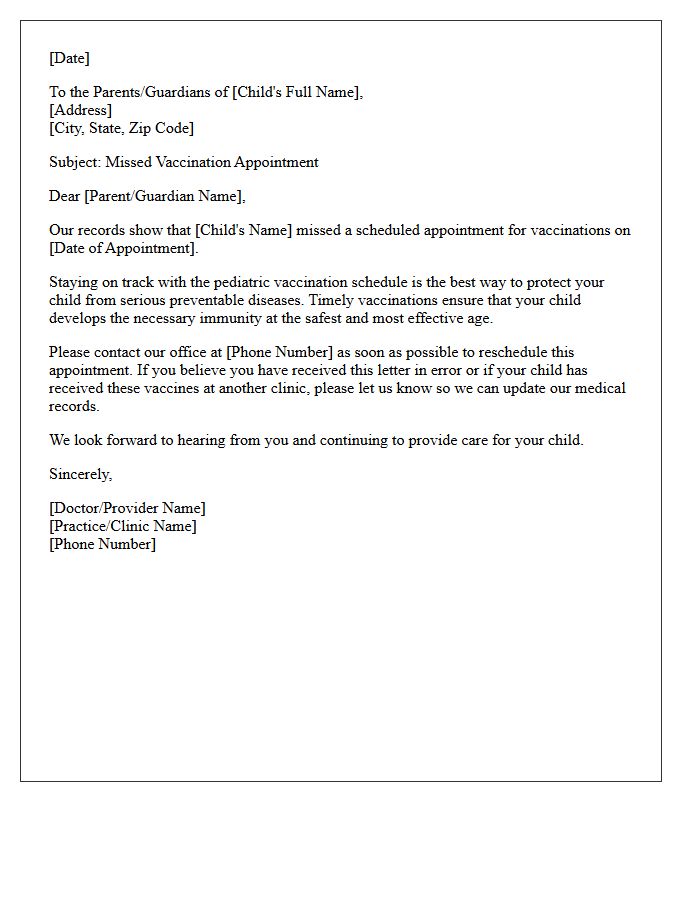 Pediatric Vaccination Schedule Missed Appointment Letter