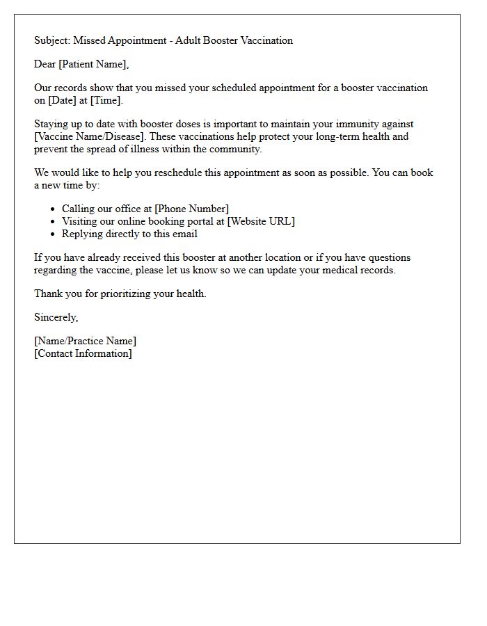 Adult Booster Missed Vaccination Appointment Letter