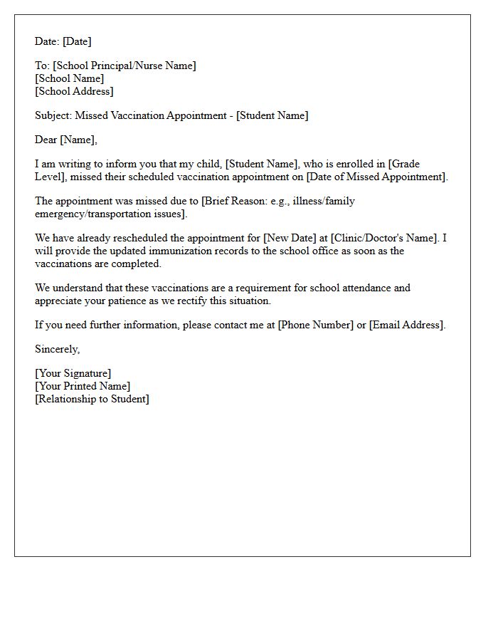 School Requirement Vaccination Missed Appointment Letter
