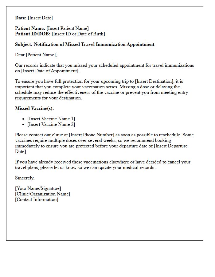 Travel Immunization Missed Schedule Notification Letter