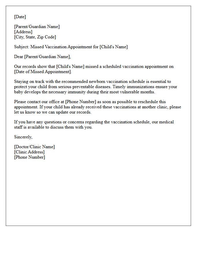 Newborn Vaccination Schedule Missed Appointment Letter