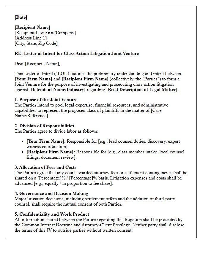Letter of Intent for Class Action Litigation Joint Venture Formation