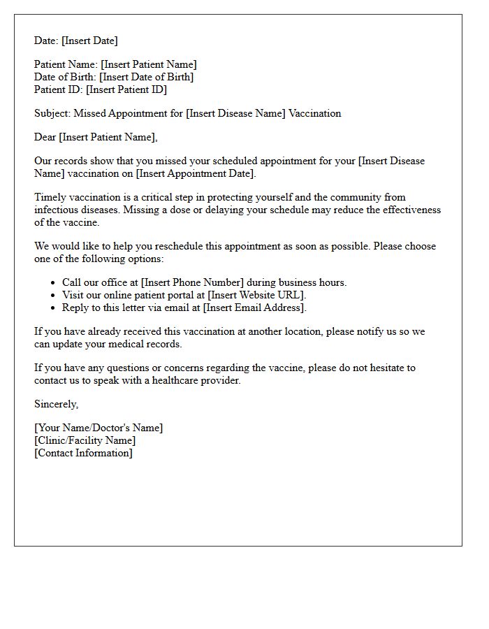 Infectious Disease Vaccination Missed Appointment Letter