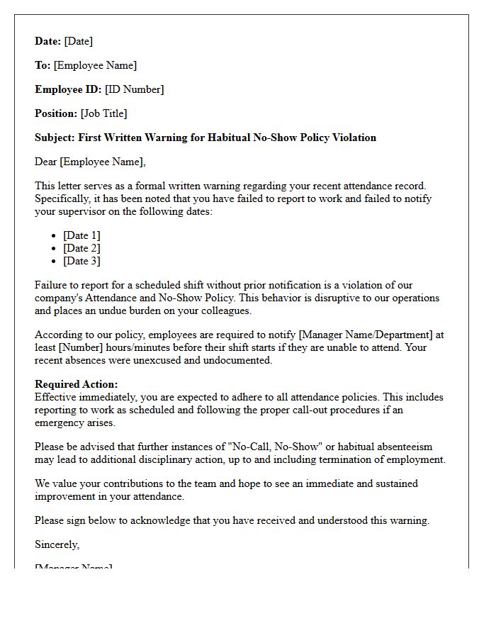 First Warning Letter for Habitual No-Show Policy Violation