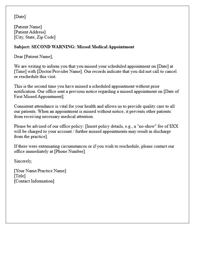 Second Warning Letter Regarding Missed Medical Appointments