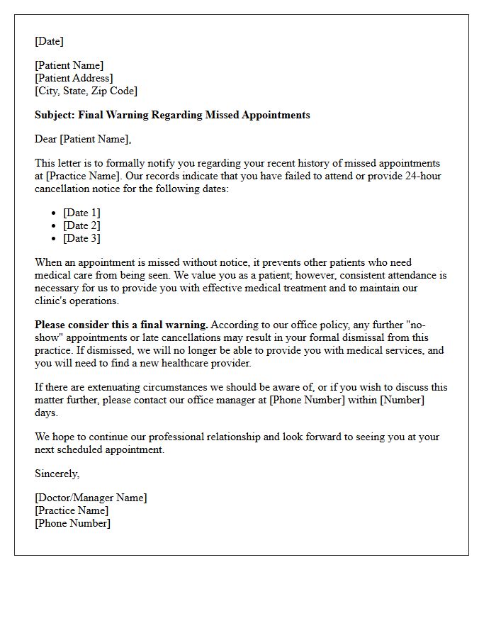 Pre-Dismissal Warning Letter for Patient No-Shows