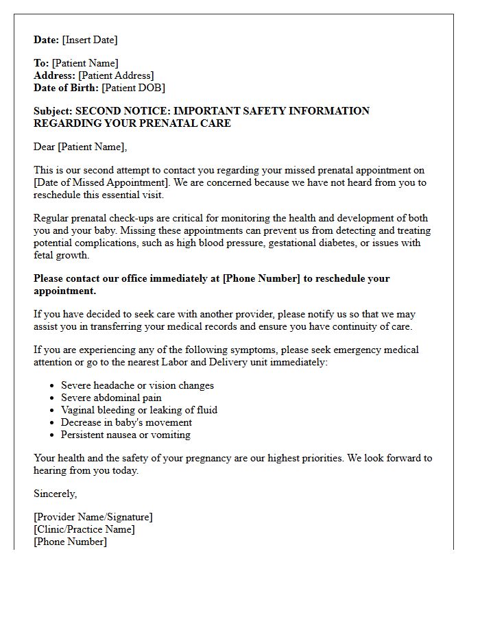 Second Notice Missed Prenatal Care Safety Letter