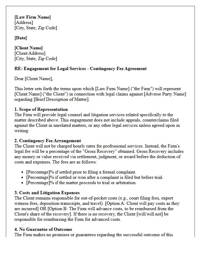 Commercial Litigation Contingency Fee Representation Engagement Letter