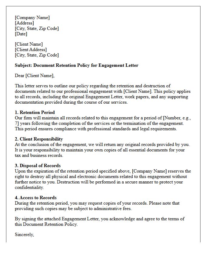 Document Retention Policy for the Engagement Letter