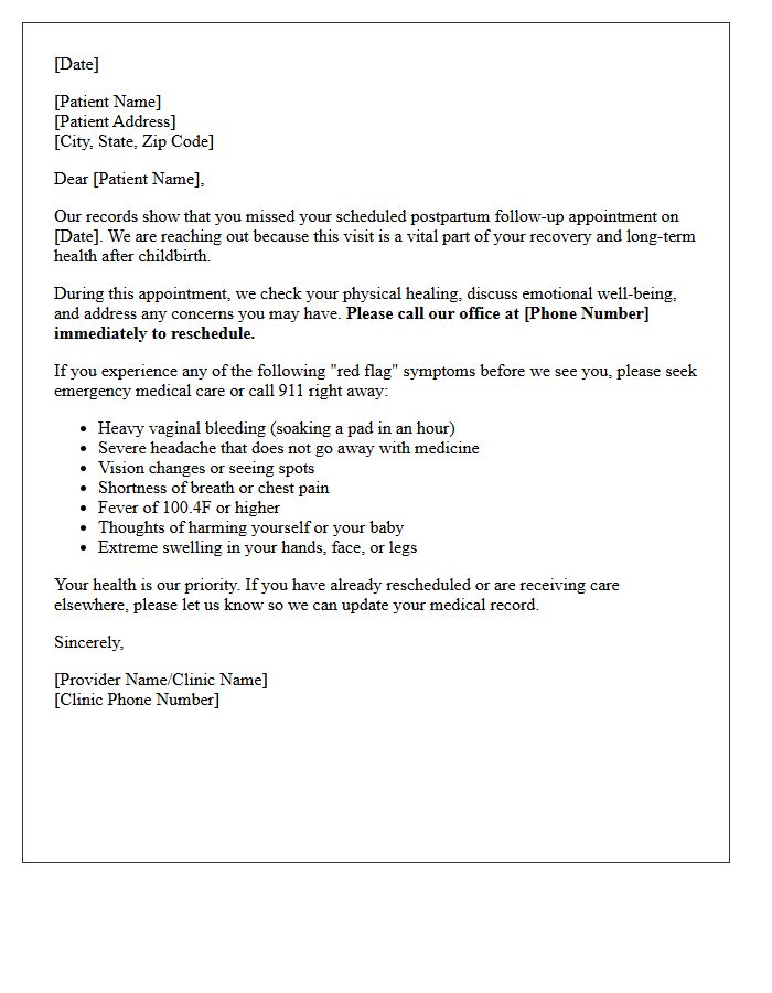 Postpartum Care Missed Appointment Safety Letter
