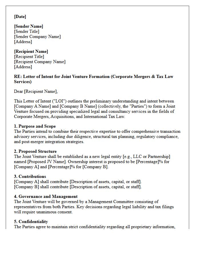 Letter of Intent for Corporate Mergers and Tax Law Joint Venture Formation