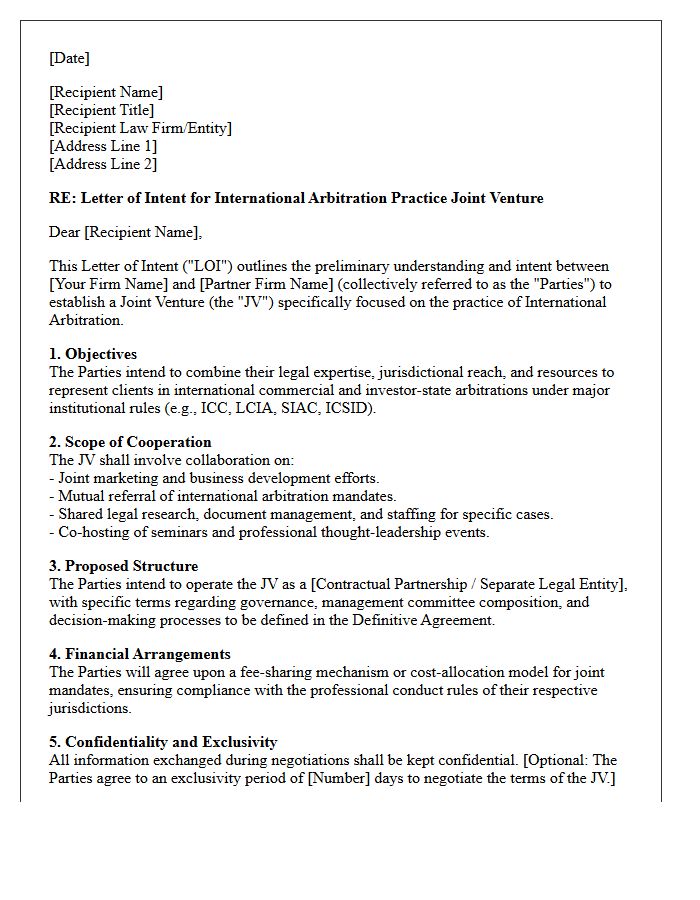Letter of Intent for International Arbitration Practice Joint Venture