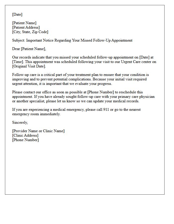 Notice of Missed Urgent Care Follow-Up Letter