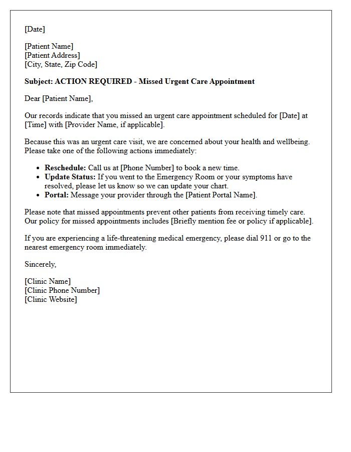Action Required Missed Urgent Care Appointment Letter
