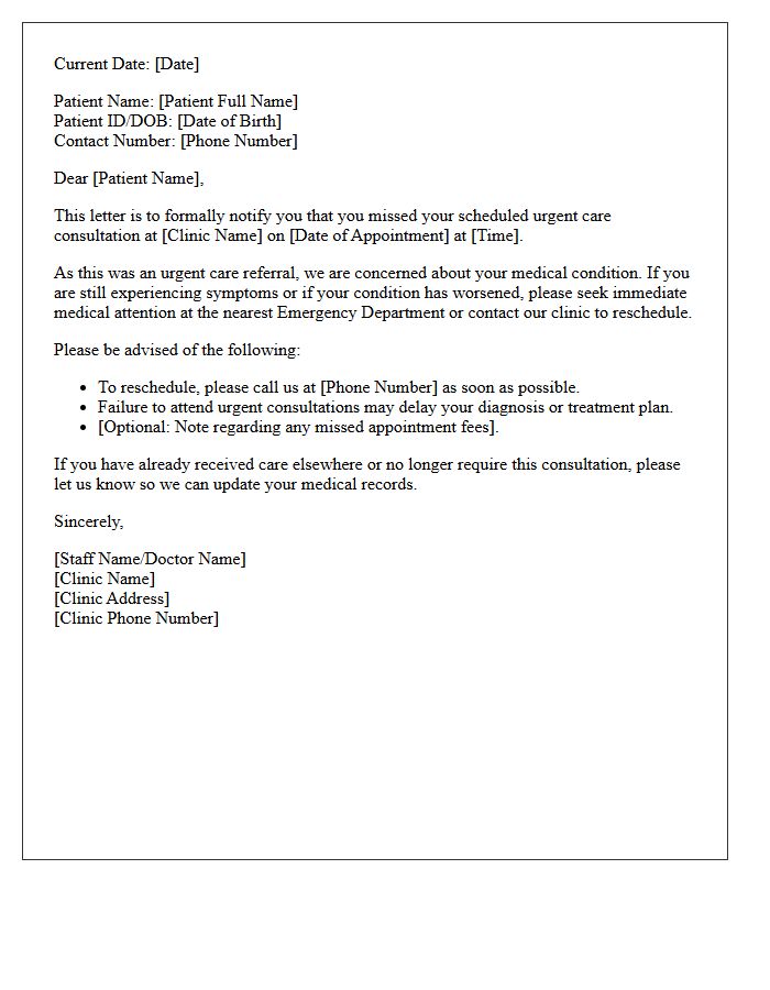 Missed Medical Clinic Urgent Care Consultation Letter