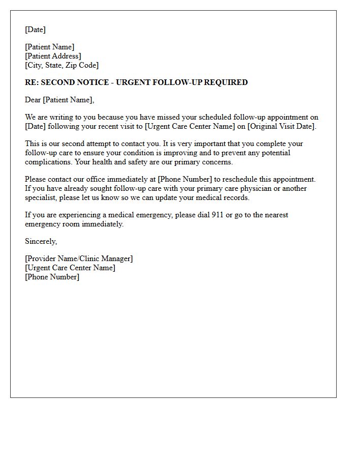 Second Notice Urgent Care Follow-Up Missed Letter