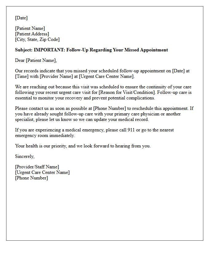 Urgent Care Continuity of Care Missed Appointment Letter