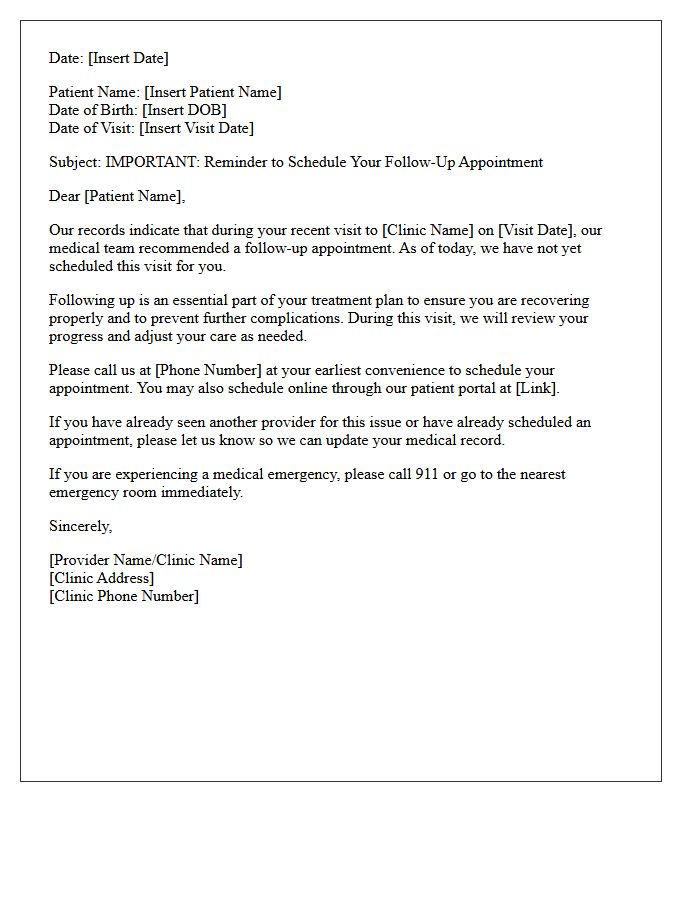 Reminder to Reschedule Urgent Care Follow-Up Letter