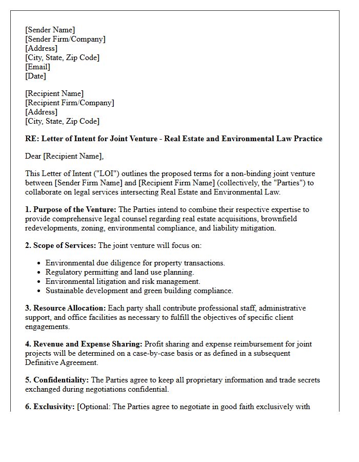 Letter of Intent for Real Estate and Environmental Law Joint Venture