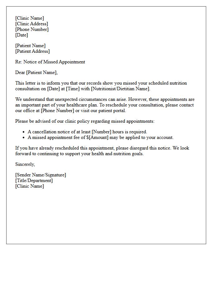 Medical Clinic Missed Nutrition Consultation Notice Letter