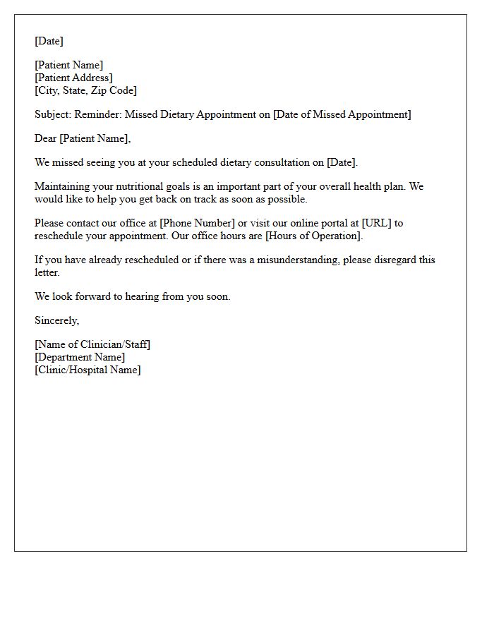 Reschedule Your Missed Dietary Appointment Reminder Letter