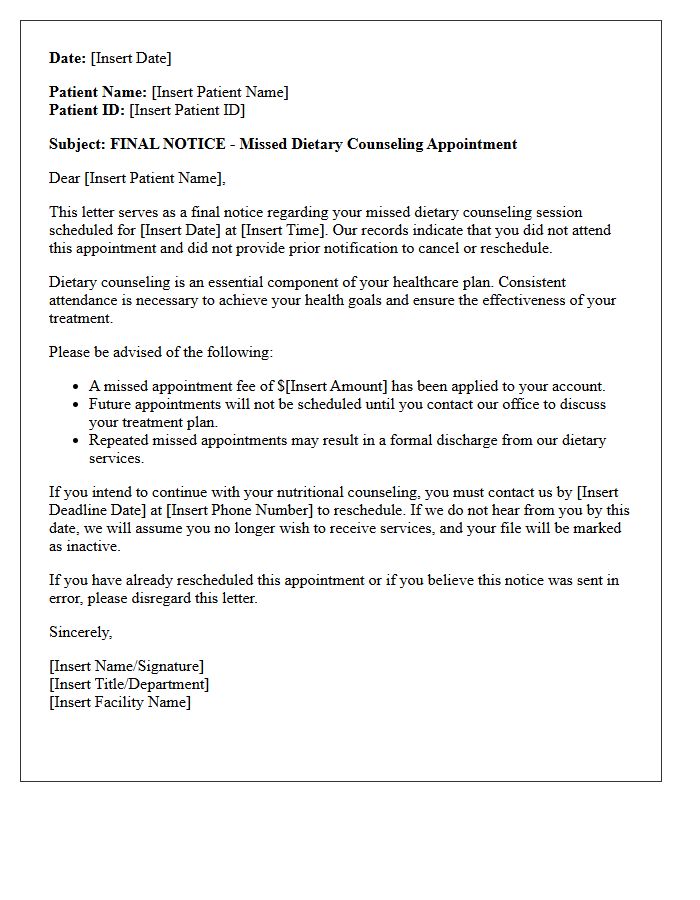 Final Notice Missed Dietary Counseling Session Letter