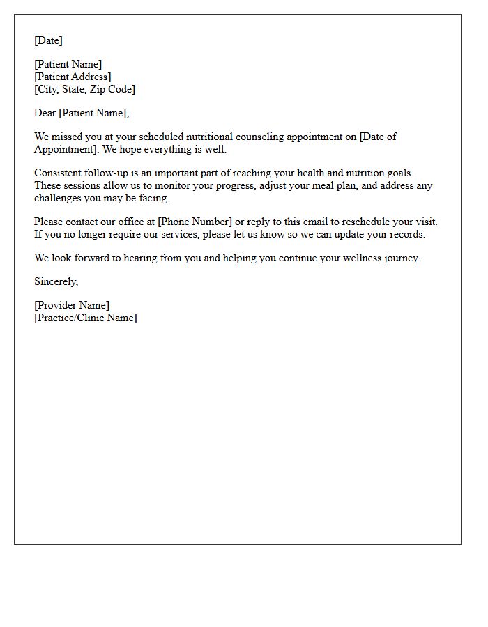 Absentee Patient Nutritional Counseling Follow Up Letter